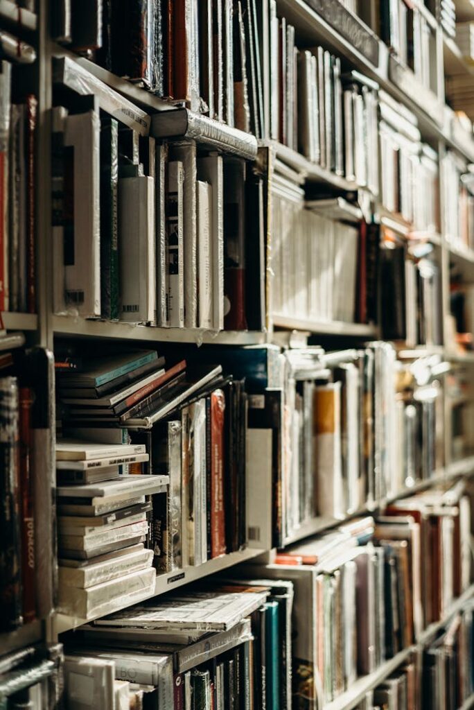 A close-up view of a stacked bookshelf in a warmly lit library, perfect for book lovers.